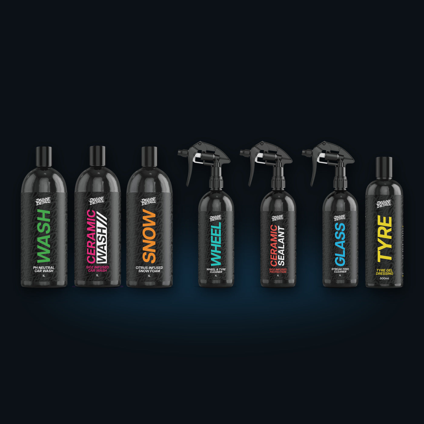 The Deluxe Detail chemical range lined up: WASH, CERAMIC WASH, SNOW, WHEEL, CERAMIC SEALANT, GLASS and TYRE