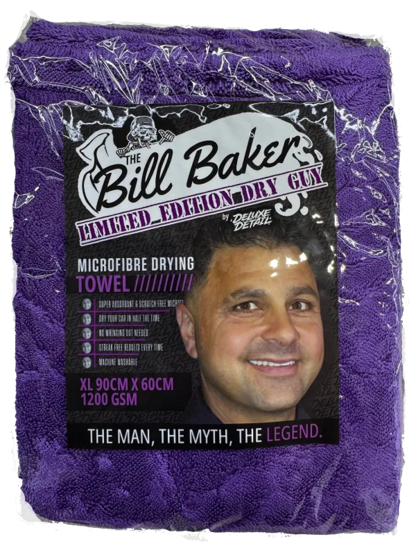 The Bill Baker limited edition Dry Guy microfibre drying towel in purple packaging, 90cm x 60cm, 1200gsm