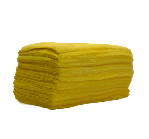 Stack of yellow microfibre cloths from the Deluxe Detail bulk pack of 36