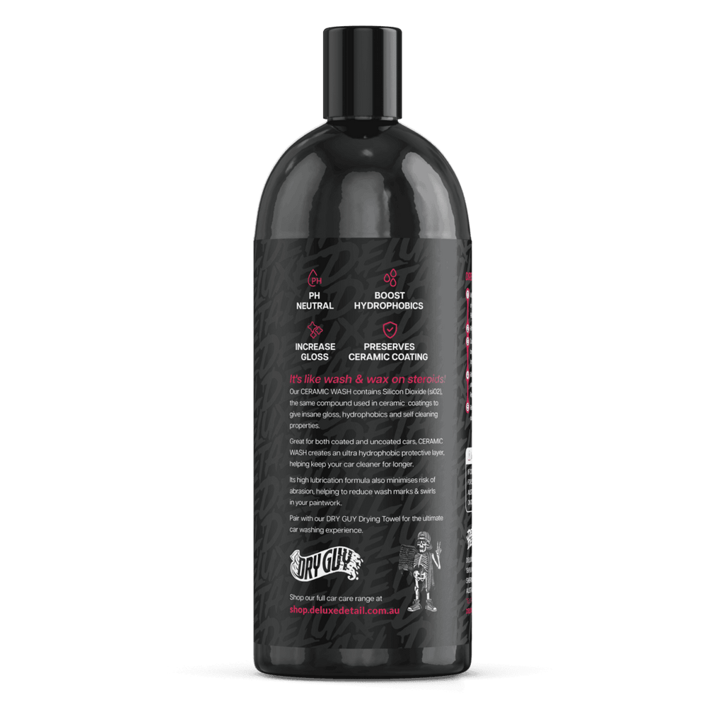 Side panel of Deluxe Detail CERAMIC WASH: pH neutral, boosts hydrophobics, increases gloss, preserves ceramic coatings