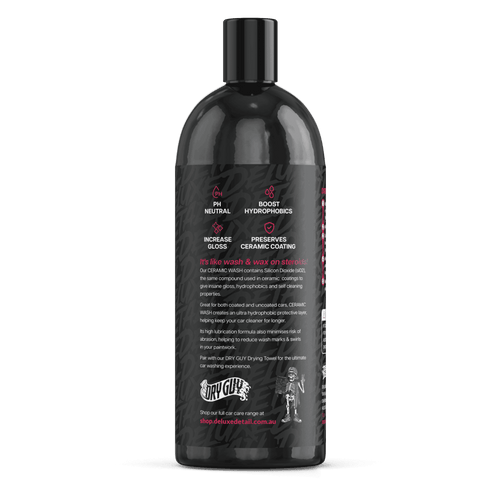 Side panel of Deluxe Detail CERAMIC WASH: pH neutral, boosts hydrophobics, increases gloss, preserves ceramic coatings