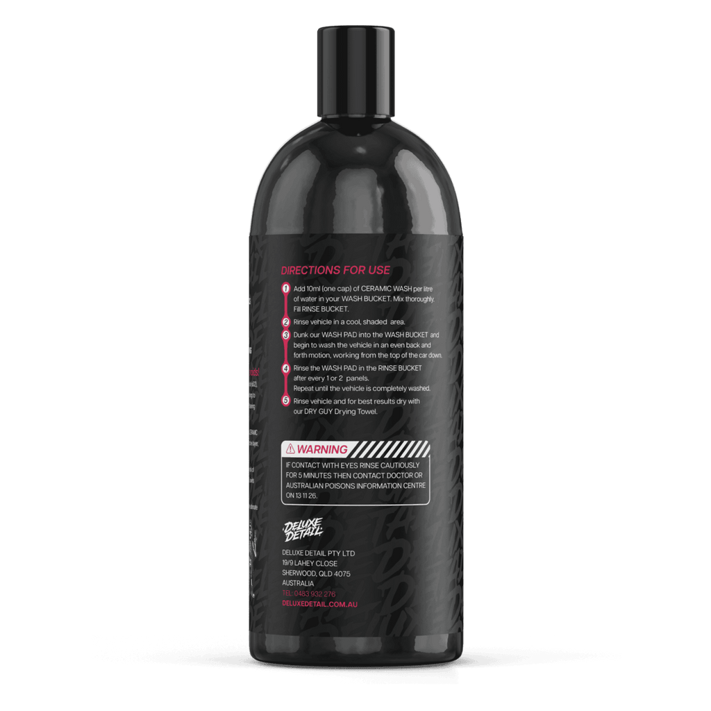Back label of Deluxe Detail CERAMIC WASH showing dilution directions and safety warning
