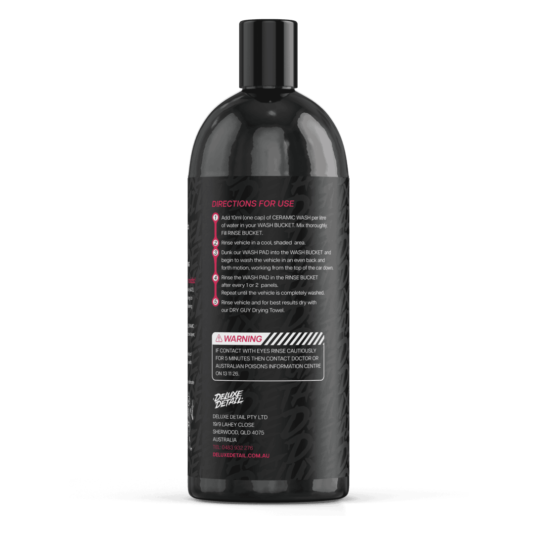 Back label of Deluxe Detail CERAMIC WASH showing dilution directions and safety warning
