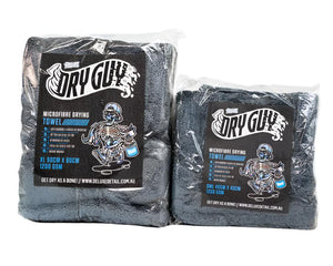 Dry Guy XL and Mini microfibre drying towels side by side in their retail packaging