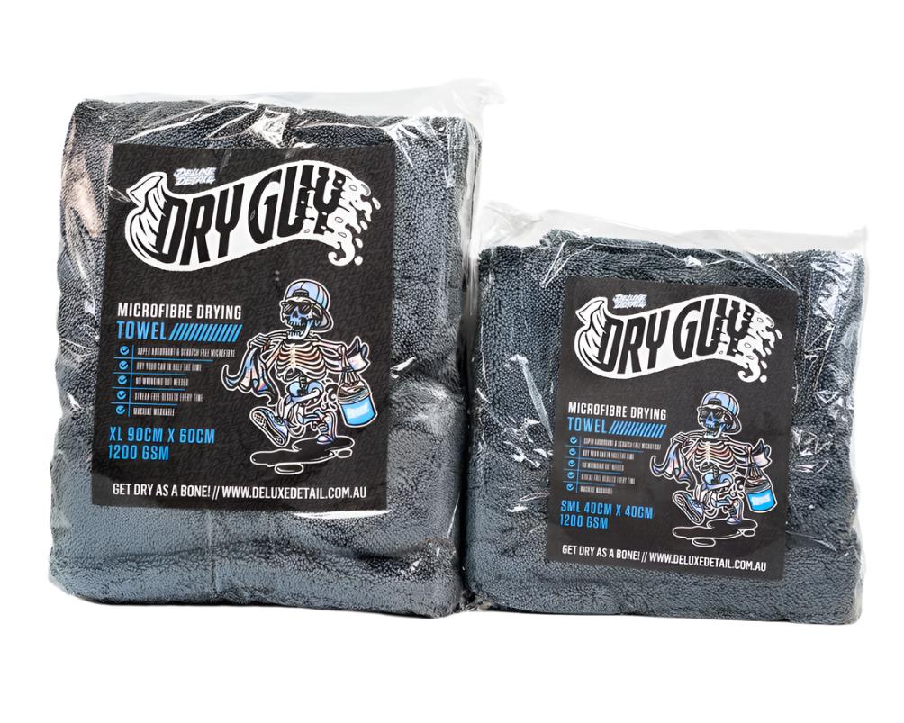 Dry Guy XL and Mini microfibre drying towels side by side in their retail packaging