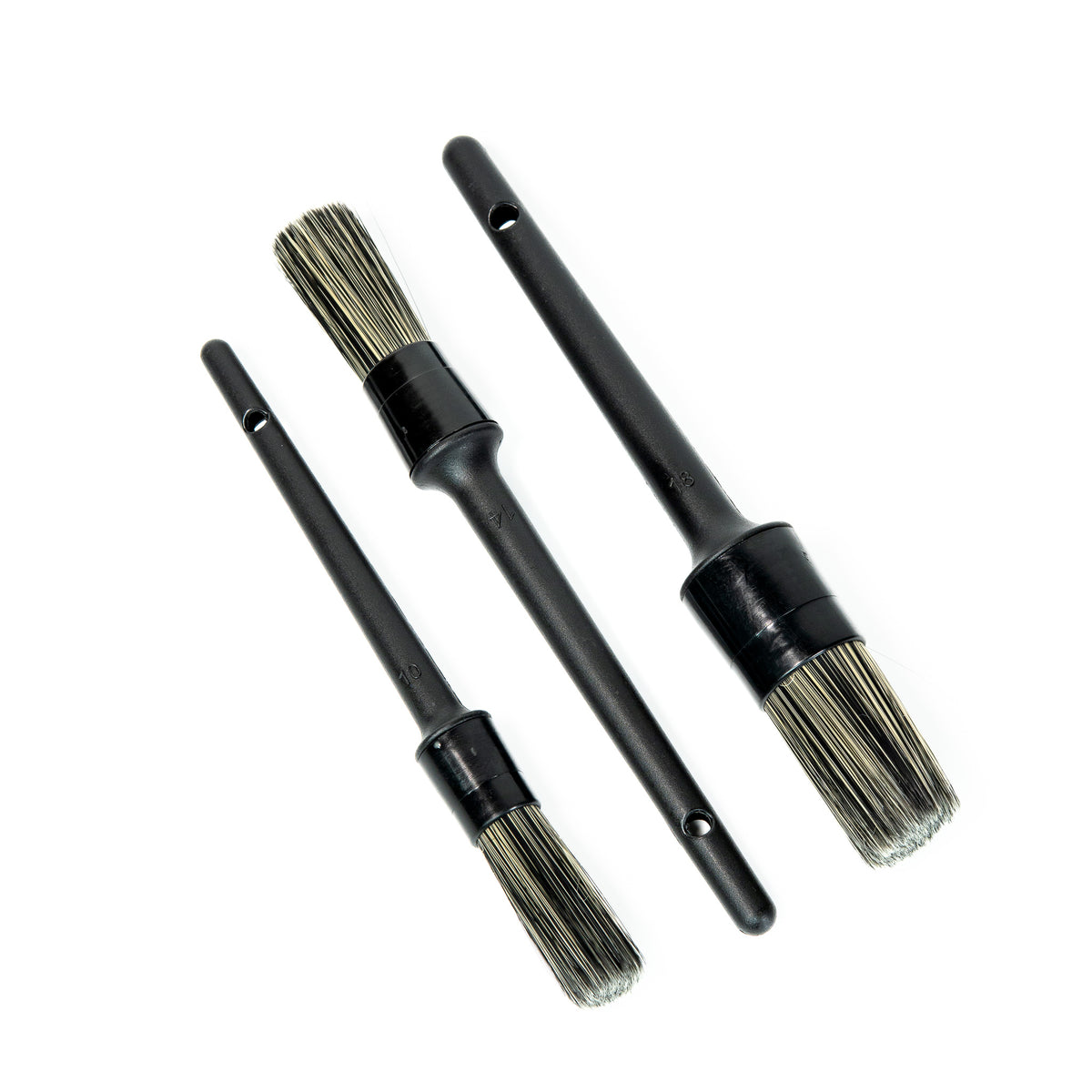 Three Deluxe Detail detailing brushes with black handles, in three sizes