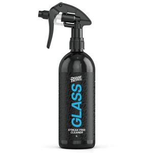 Deluxe Detail GLASS streak free cleaner, 1 litre black trigger spray bottle, front label