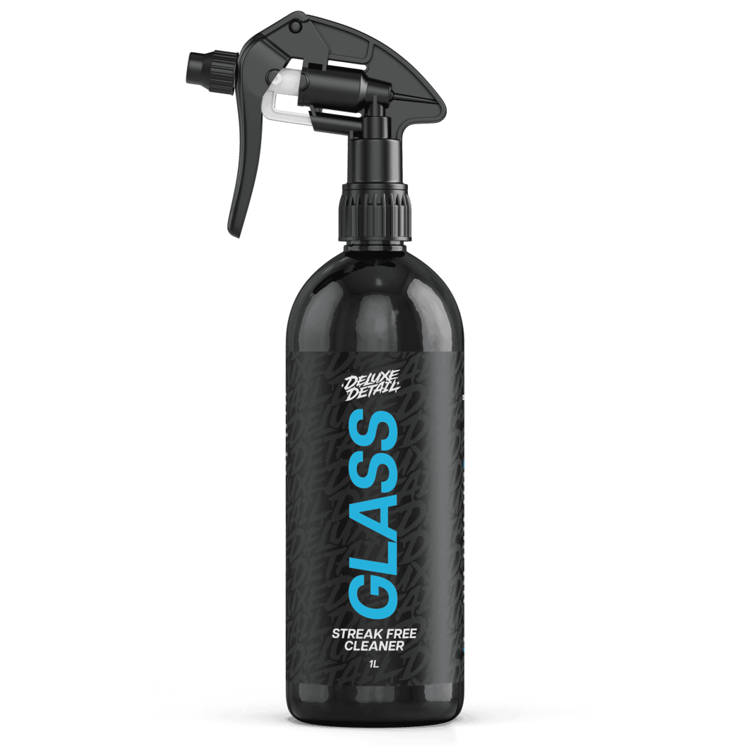 Deluxe Detail GLASS streak free cleaner, 1 litre black trigger spray bottle, front label