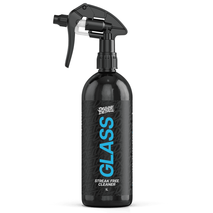 Deluxe Detail GLASS streak free cleaner, 1 litre black trigger spray bottle, front label