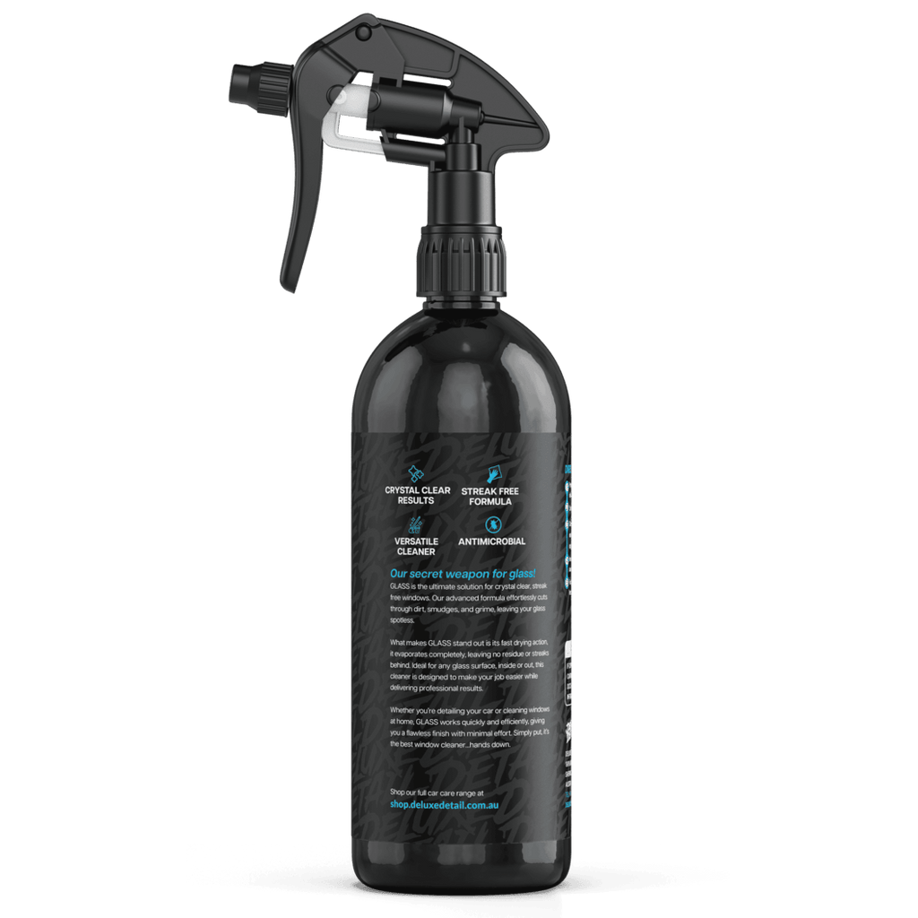 Side panel of Deluxe Detail GLASS cleaner: crystal clear results, streak free formula, versatile, antimicrobial