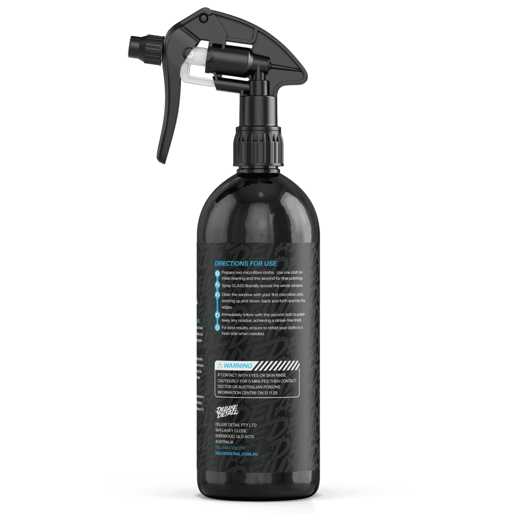 Back label of Deluxe Detail GLASS cleaner showing directions for use and safety warning