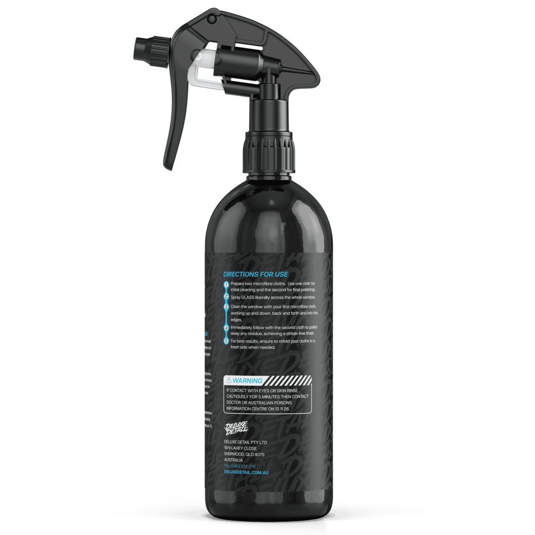 Back label of Deluxe Detail GLASS cleaner showing directions for use and safety warning