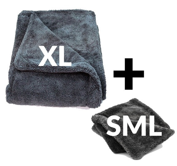 Dry Guy XL and SML microfibre drying towels folded together as a double pack