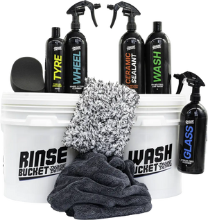 Deluxe Detail ENTHUSIAST Car Wash Kit with wash and rinse buckets, five chemicals, wash pad, drying towel and tyre applicator