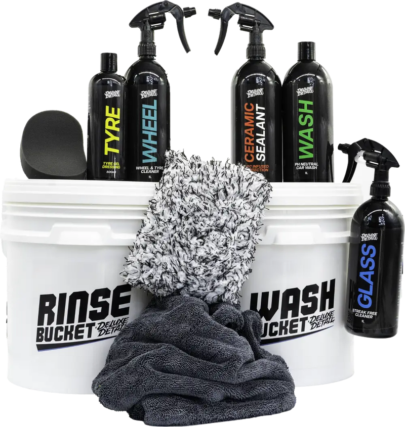 Deluxe Detail ENTHUSIAST Car Wash Kit with wash and rinse buckets, five chemicals, wash pad, drying towel and tyre applicator