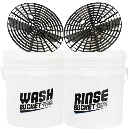 Deluxe Detail 2 bucket kit: white wash and rinse buckets with grit guards