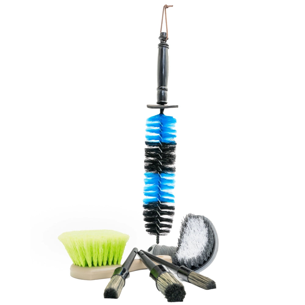 Deluxe Detail wheel cleaning brush kit: barrel brush, face brush, tyre brush and lug nut and detailing brushes