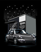 Back print artwork: an illustrated Porsche 911 outside the Deluxe Detail studio at night