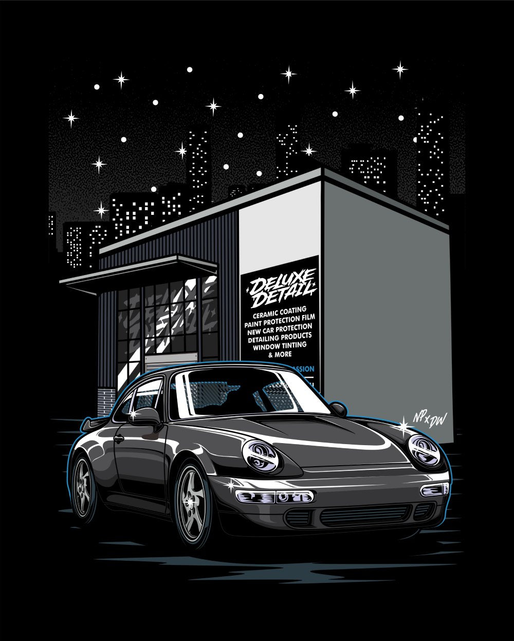 Back print artwork: an illustrated Porsche 911 outside the Deluxe Detail studio at night