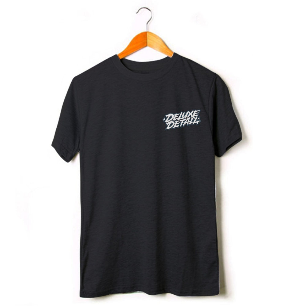 Deluxe Detail '911' t-shirt in black on a hanger, front with small chest logo