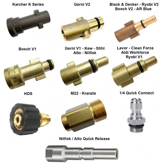 Pressure washer adaptors for the snow foam lance: Karcher K, Gerni, Bosch, Ryobi, Nilfisk, Kranzle and quick connect fittings