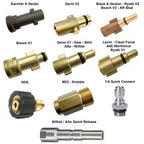 Range of pressure washer adaptors for the Deluxe Detail snow foam lance: Karcher K, Gerni, Bosch, Ryobi, Nilfisk, Kranzle and quick connect fittings