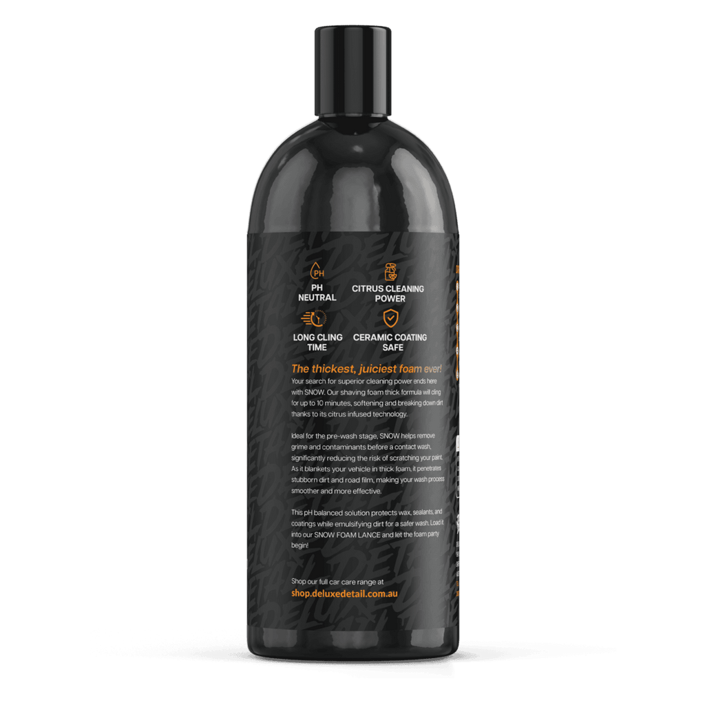 Side panel of Deluxe Detail SNOW: pH neutral, citrus cleaning power, long cling time, ceramic coating safe