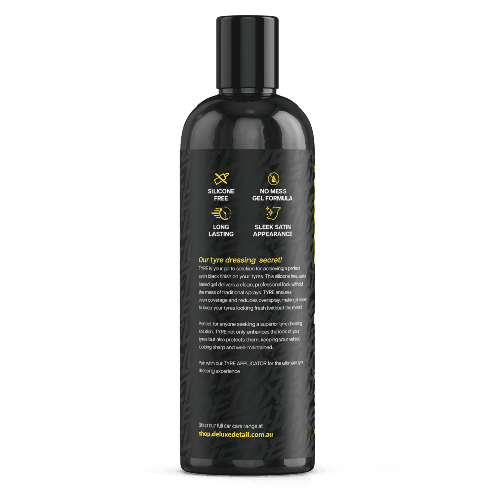 Side panel of Deluxe Detail TYRE gel: silicone free, no mess gel formula, long lasting, sleek satin finish