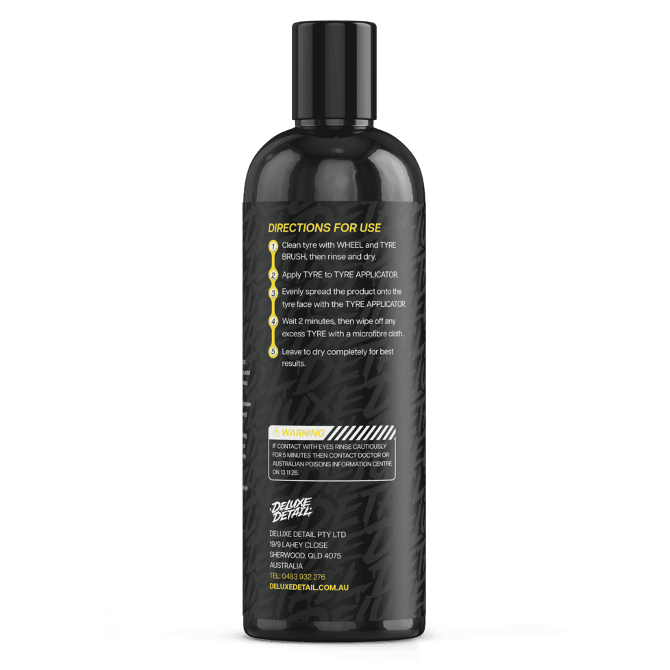 Back label of Deluxe Detail TYRE gel dressing showing directions for use and safety warning