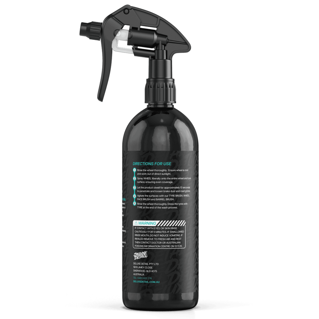 Back label of Deluxe Detail WHEEL cleaner showing directions for use and safety warning