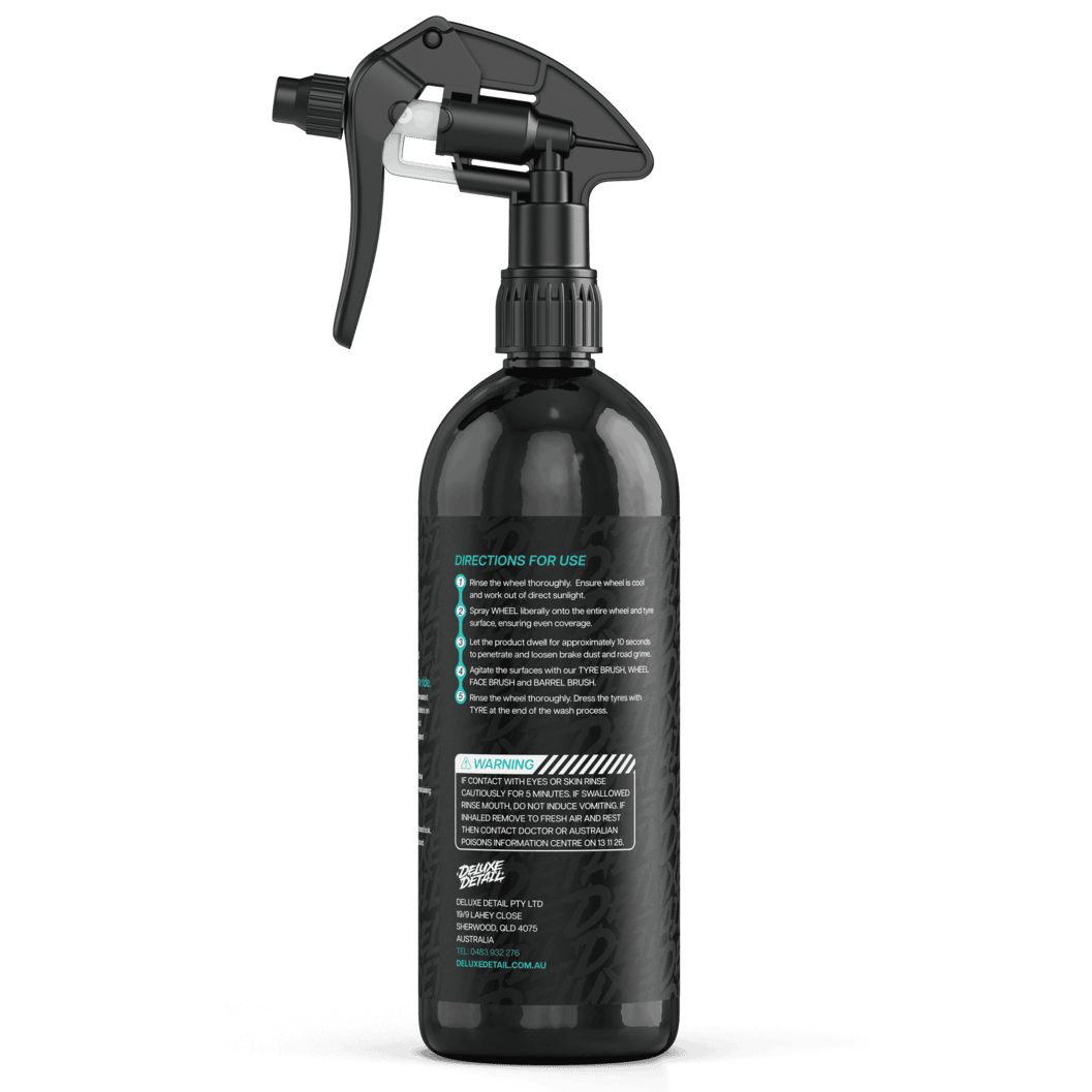 Back label of Deluxe Detail WHEEL cleaner showing directions for use and safety warning