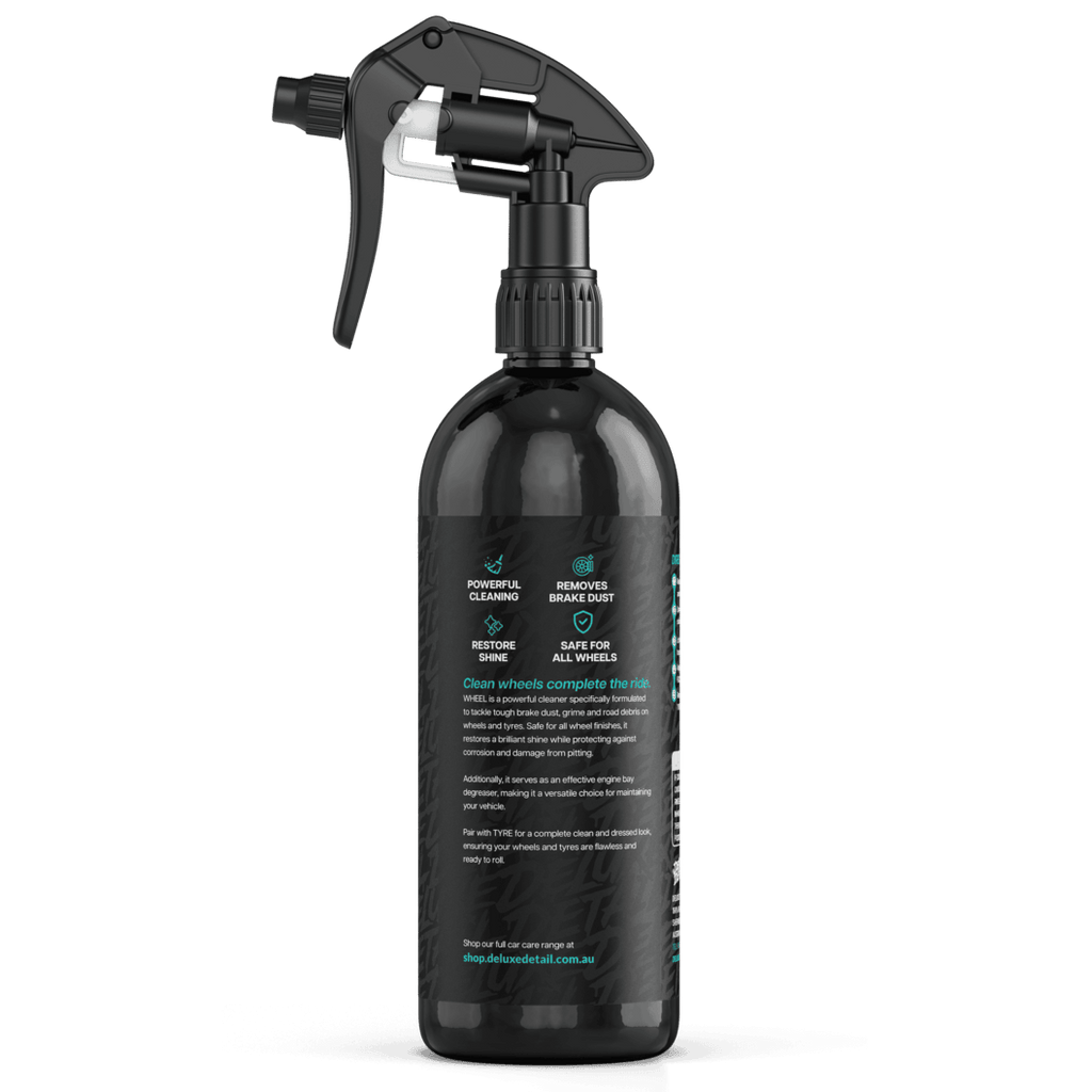Side panel of Deluxe Detail WHEEL cleaner: powerful cleaning, removes brake dust, restores shine, safe for all wheels