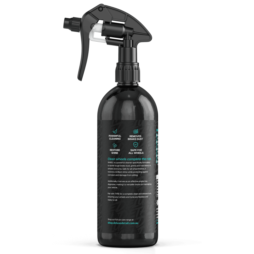 Side panel of Deluxe Detail WHEEL cleaner: powerful cleaning, removes brake dust, restores shine, safe for all wheels
