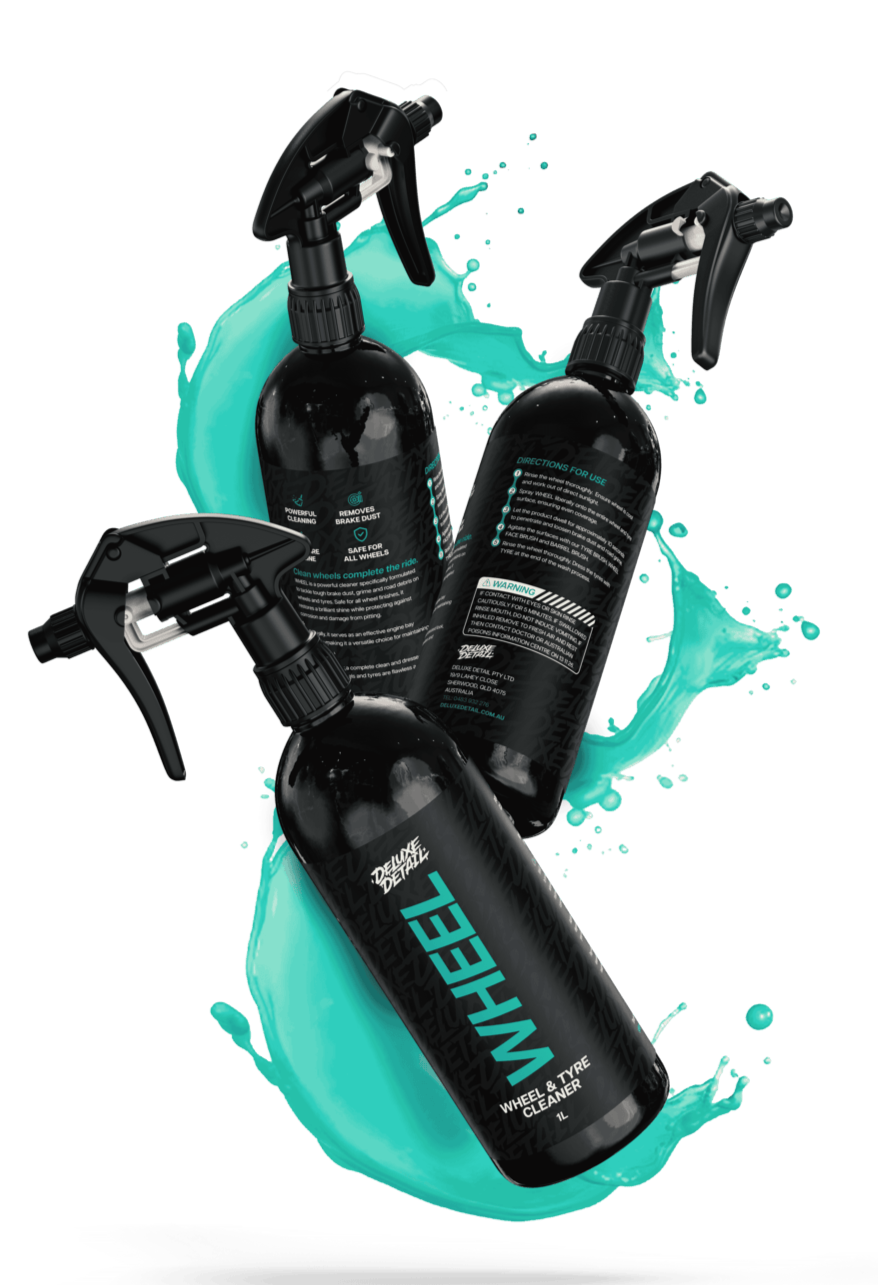 Four bottles of Deluxe Detail WHEEL cleaner in a teal liquid splash on a black background