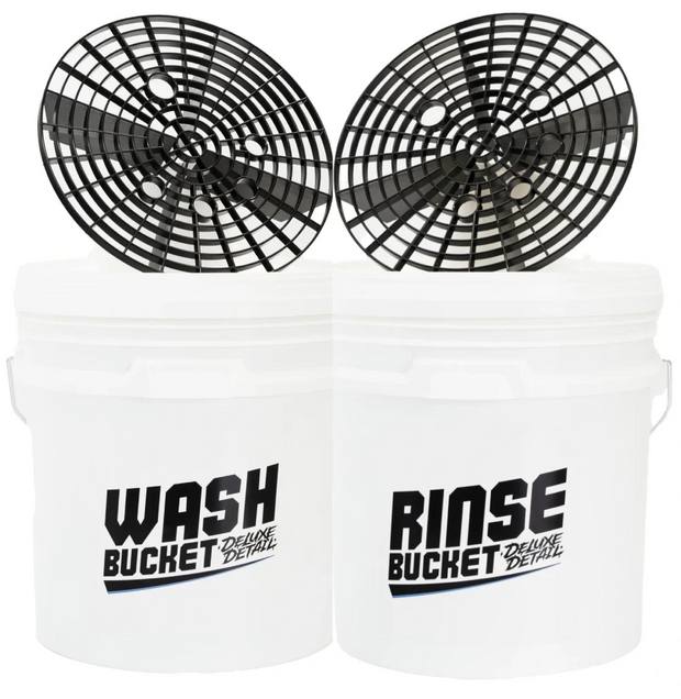 Deluxe Detail 2 bucket kit: white wash and rinse buckets with grit guards