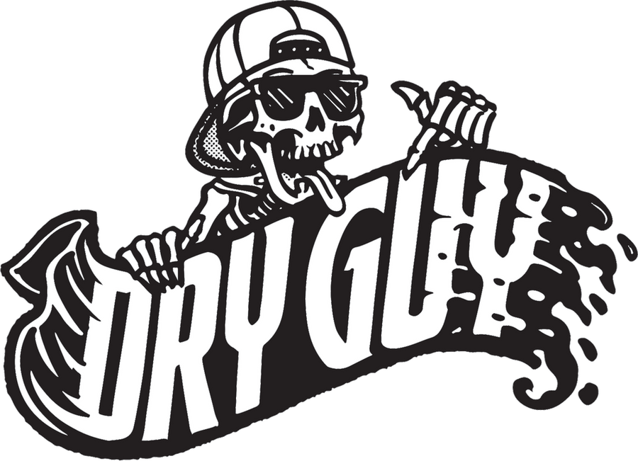 Dry Guy logo, a skeleton in a cap and sunglasses holding a DRY GUY banner